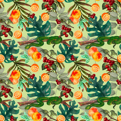 Snake with fruit plants foliage monstera leaf seamless pattern