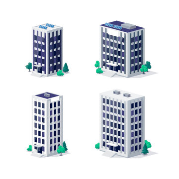 Office city residence apartment house urban modern buildings town illustrations in 3d dimetric isometric view. Suburban hotel skyscraper real estate with solar panels. Isolated vector illustration.