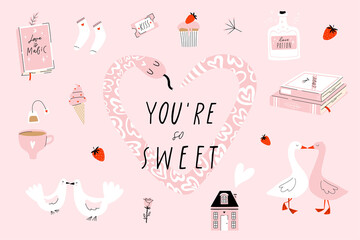 Valentine's day  holiday isolated elements collection. Red pink set of cool and fun illustration. Doodle cartoon bold style. Vector eps