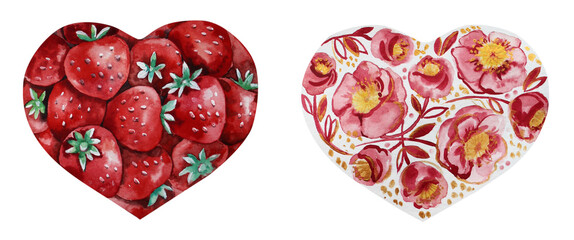 Watercolor set of hearts decorated with strawberries and flowers for Valentine's Day