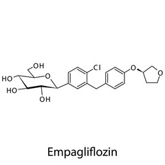 Empagliflozin molecular structure, flat skeletal chemical formula. SGLT2 inhibitor drug used to treat Diabetes type 2. Vector illustration.