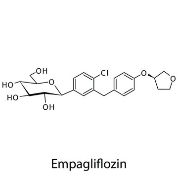 Empagliflozin molecular structure, flat skeletal chemical formula. SGLT2 inhibitor drug used to treat Diabetes type 2. Vector illustration.