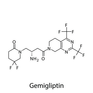 Gemigliptin molecular structure, flat skeletal chemical formula. DPP4 inhibitor drug used to treat Diabetes type 2. Vector illustration.