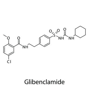 Glibenclamide molecular structure, flat skeletal chemical formula. Sulfonylureas  drug used to treat Diabetes type 2. Vector illustration.