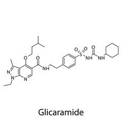 Obraz premium Glicaramide molecular structure, flat skeletal chemical formula. Sulfonylureas&nbsp; drug used to treat Diabetes type 2. Vector illustration.