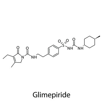 Glimepiride molecular structure, flat skeletal chemical formula. Sulfonylureas  drug used to treat Diabetes type 2. Vector illustration.