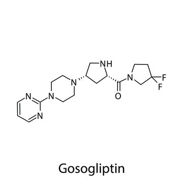 Gosogliptin molecular structure, flat skeletal chemical formula. DPP4 inhibitor drug used to treat Diabetes type 2. Vector illustration.