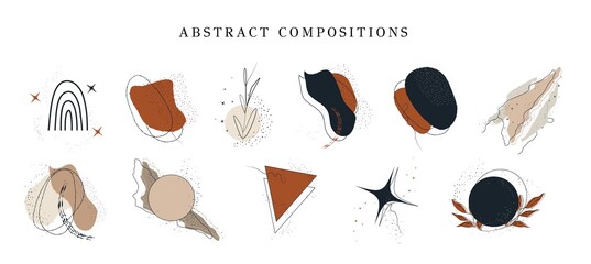 a set of abstract compositions. abstract geometric circle, organic shape with tropical leaf. a star with abstract boho dots. hand-drawn isolated. artistic illustration.