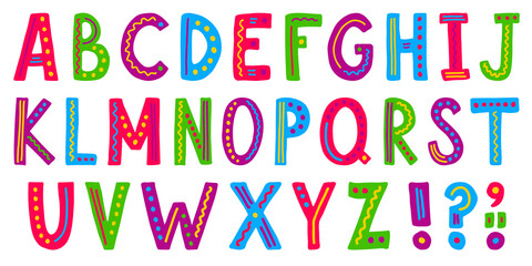Cute cartoon colorful alphabet for children. ABC for kids design.