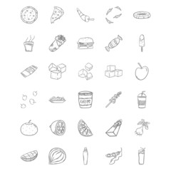 Collection Of Food Handdrawn Outline Elements Design With Pizza, Doughnut, Candy, Lemon, Coffee, Burger, Chilli. Perfect for Websites, Advertisements, Banners, Posters, Billboards, Templates, Logos.