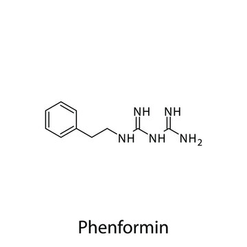 Phenformin molecular structure, flat skeletal chemical formula. Biguanide drug used to treat Diabetes type 2. Vector illustration.