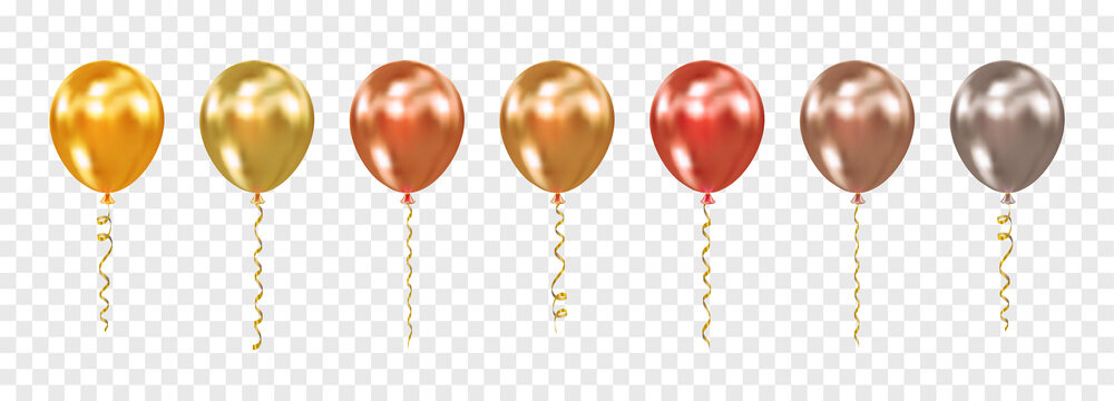 Balloon vector set isolated on transparent background. Realistic glossy metallic helium balloons for birthday, event, party, anniversary, wedding. Flying air balloons gold, bronze, silver colors