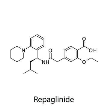 Repaglinide molecular structure, flat skeletal chemical formula. Meglitinide drug used to treat Diabetes type 2. Vector illustration.