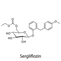 Sergliflozin molecular structure, flat skeletal chemical formula. SGLT2 inhibitor drug used to treat Diabetes type 2. Vector illustration.