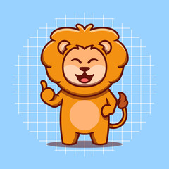 Cute lion mascot character with thumbs up vector illustration. Flat cartoon style. Isolated animal concept.