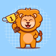Cute lion mascot character holding a trophy vector illustration. Flat cartoon style. Isolated animal concept.