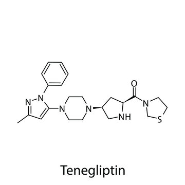Tenegliptin molecular structure, flat skeletal chemical formula. DPP4 inhibitor drug used to treat Diabetes type 2. Vector illustration.