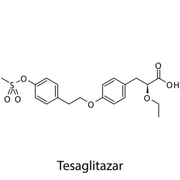 Tesaglitazar molecular structure, flat skeletal chemical formula. Dual PPAR agonist drug used to treat Diabetes type 2. Vector illustration.