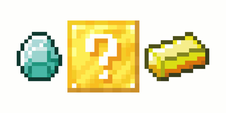 Lucky block. Yellow box of questions. What is the probability that it will fall out of the box? diamond, gold. Colored pixel with a question mark. Vector illustration