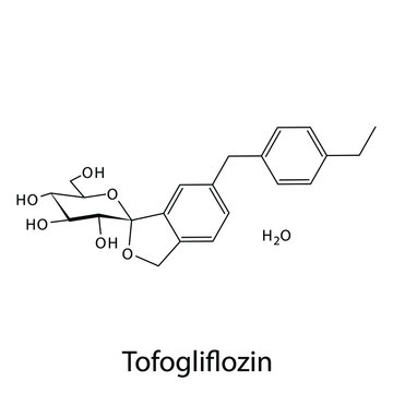 Tofogliflozin molecular structure, flat skeletal chemical formula. SGLT2 inhibitor drug used to treat Diabetes type 2. Vector illustration.