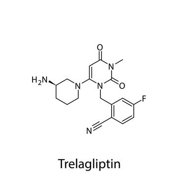 Trelagliptin molecular structure, flat skeletal chemical formula. DPP4 inhibitor drug used to treat Diabetes type 2. Vector illustration.