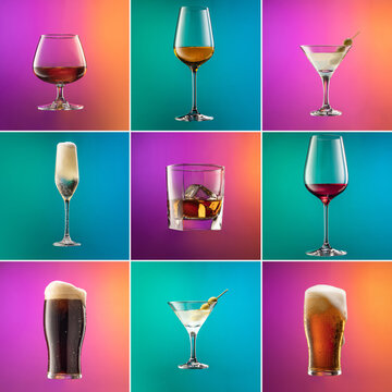 Set of glasses with different alcoholic drinks and cocktails on gradient pink-blue background in neon light. Alcohol drinks concept.