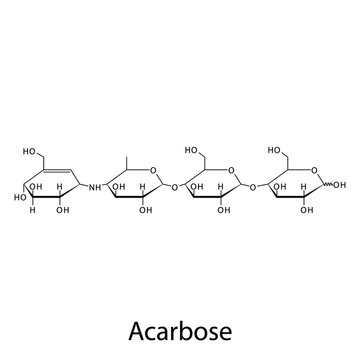 Acarbose molecular structure, flat skeletal chemical formula. Alpha-glucosidase inhibitor drug used to treat Diabetes type 2. Vector illustration.