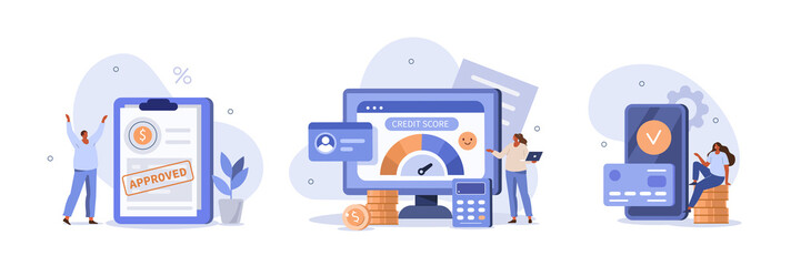 Credit approval illustration set. Characters with good credit score receiving loan approval from bank. Personal finance concept. Vector illustration.