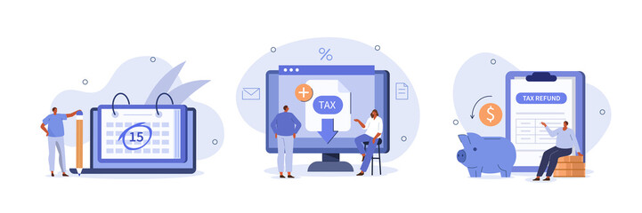 Taxes illustration set. Character consulting with financial advisor, preparing and sending online tax declaration, getting tax return. Taxation concept. Vector illustration. - obrazy, fototapety, plakaty