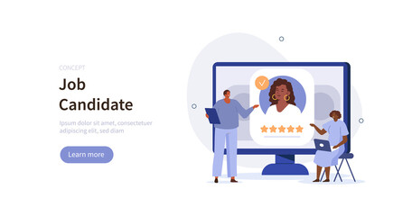 Job candidate having interview with HR manager. Character applying for work position. Job recruitment process concept. Vector illustration.