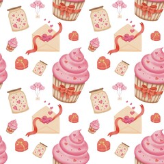 seamless pattern with cupcakes, saint Valentine’s Day 