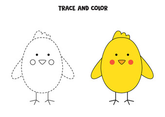 Trace and color cute baby chicken from egg. Worksheet for children.