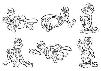 Naklejka premium Cartoon superhero six different positions Black and White
