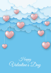 Valentine's Day greeting card. Paper clouds and pink 3d hearts on blue background.