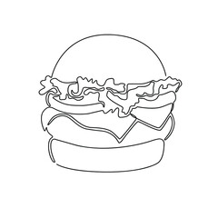 The hamburger is drawn with one continuous line isolated on a white background. Stock vector illustration