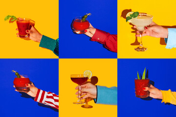 Collage made of images with female hands holding glasses with different alcoholic drinks and...