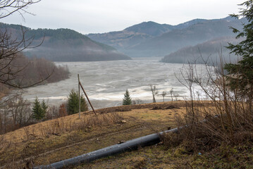 Gigantic decantation pond and toxic waste waters and mud from a copper mine