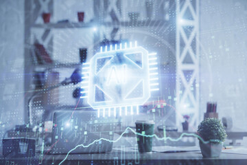 Double exposure of data theme drawing and office interior background. Concept of technology.