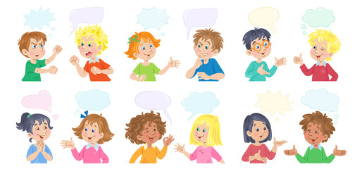 Obraz premium Set of dialogues with different emotions. Children with different skin and hair colors. Vector illustration with speech bubbles. Place for your text. In cartoon style. Isolated on white background.