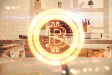Double exposure of crypto technology theme drawing and office interior background. Concept of...