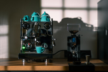 espresso shot with professional coffee portafilter machine in colour