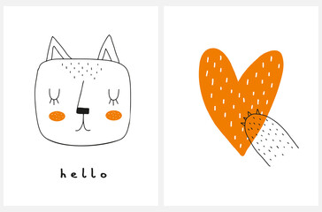 Cute Print with Hand Drawn Dreamy Cat, Orange Heart and Handwritten Hello isoalted on a White Background. Simple Childish Style Vector Illustration ideal for Card, Poster, Wall Art, Cat Lovers.