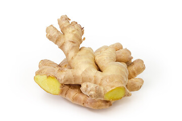 Fresh ginger roots on a white background