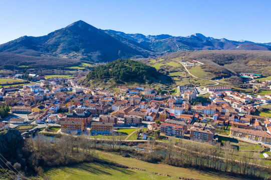 Aerial view in Cervera de Pisuerga, Palencia, Castile and Leon, Spain