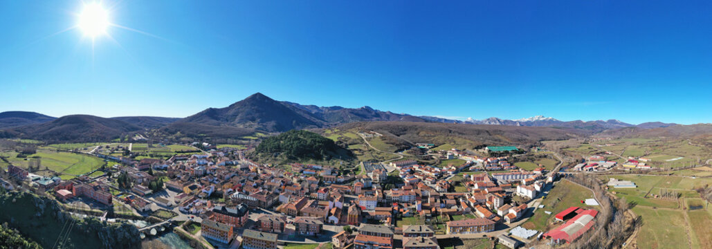 Panoramic aerial view in Cervera de Pisuerga, Palencia, Spain