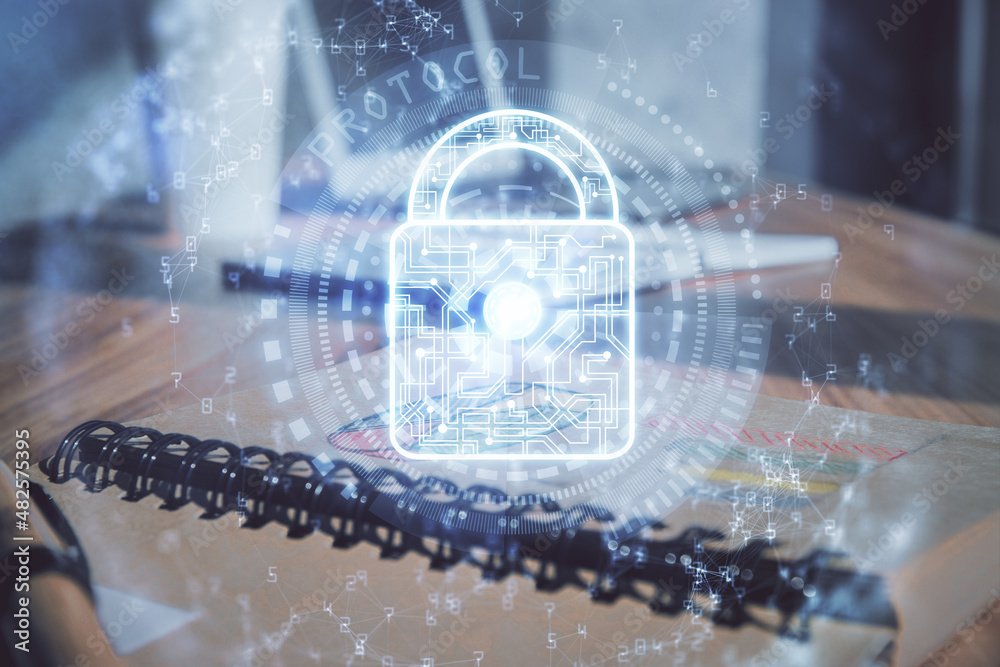 Aufkleber Multi exposure of lock drawings and desk with open notebook background. Concept of security