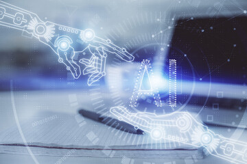 Multi exposure of data theme drawings and desk with open notebook background. Concept of education