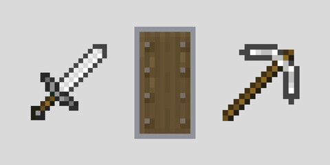 Pixel arsenal templates. The concept of games weapons. Pixel sword, pickaxe, shield. Vector illustration EPS 10