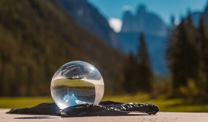 Crystal ball alpine summer landscape shot at the famous Tre Cime lookout, Toblach, Italy - obrazy, fototapety, plakaty
