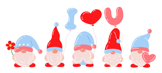 Draw gnome character vector illustration for valentine's day. Cartoon style.